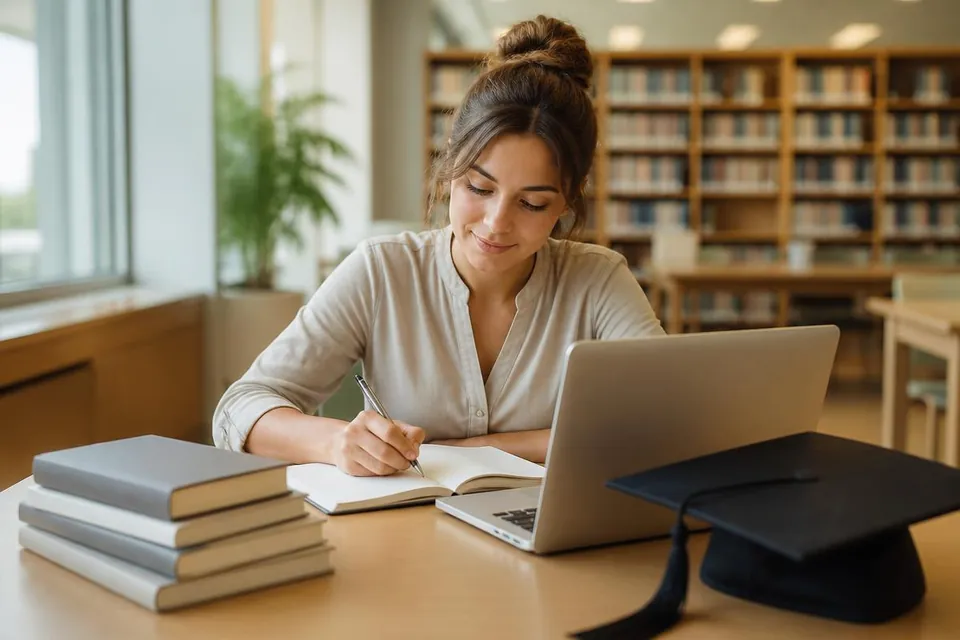An adult student studying with notebooks, a laptop, and a graduation cap on the table