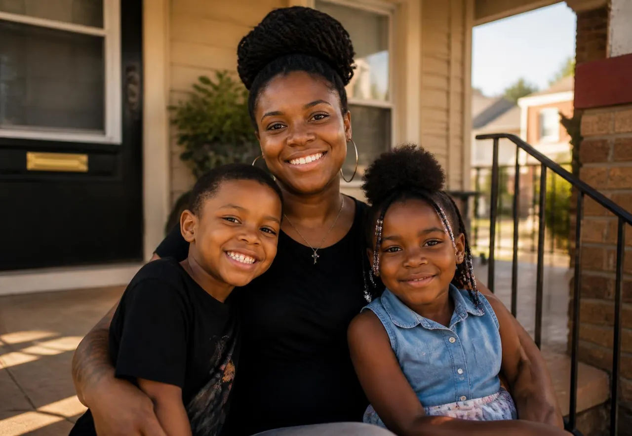 A single mother smiling with her two young children on the porch of their Birmingham home