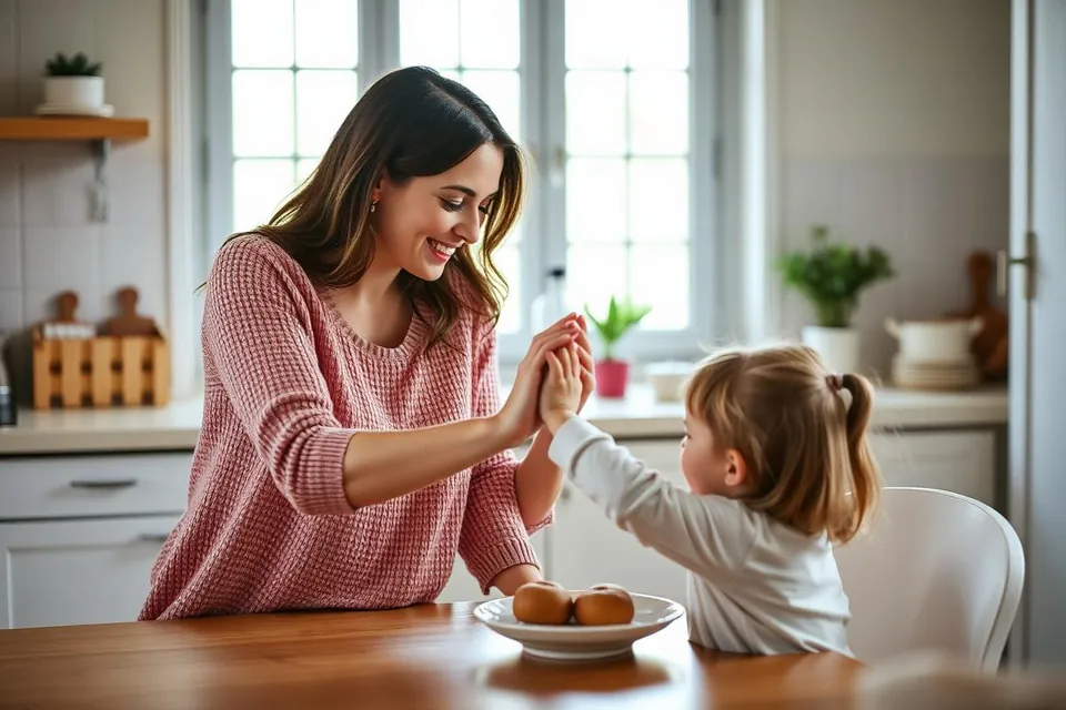 A mother and her young daughter holding hands together at a kitchen table